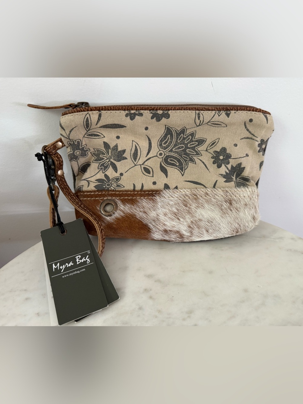 Myra Bags #1523 Floral, Canvas, Hairon/Leather 9.5"x1"x7" Pouch Cosmetic Clutch